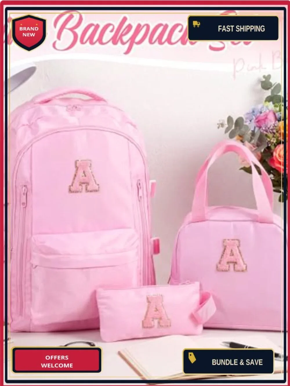 3-Piece Personalized Initial Backpack Set with Lunch Bag and Pencil Case,